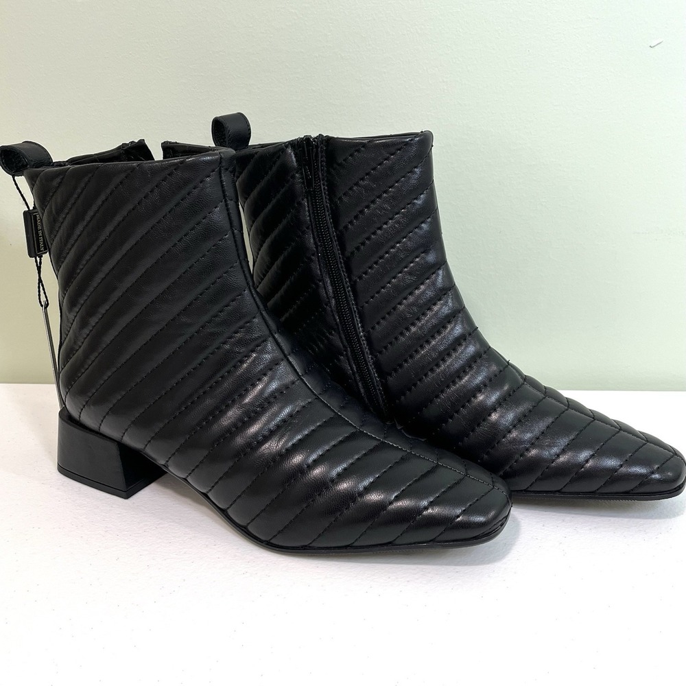 New Napoleoni Italian Quilted Leather Ankle Boots EU 39 US 8 Black Block Heel